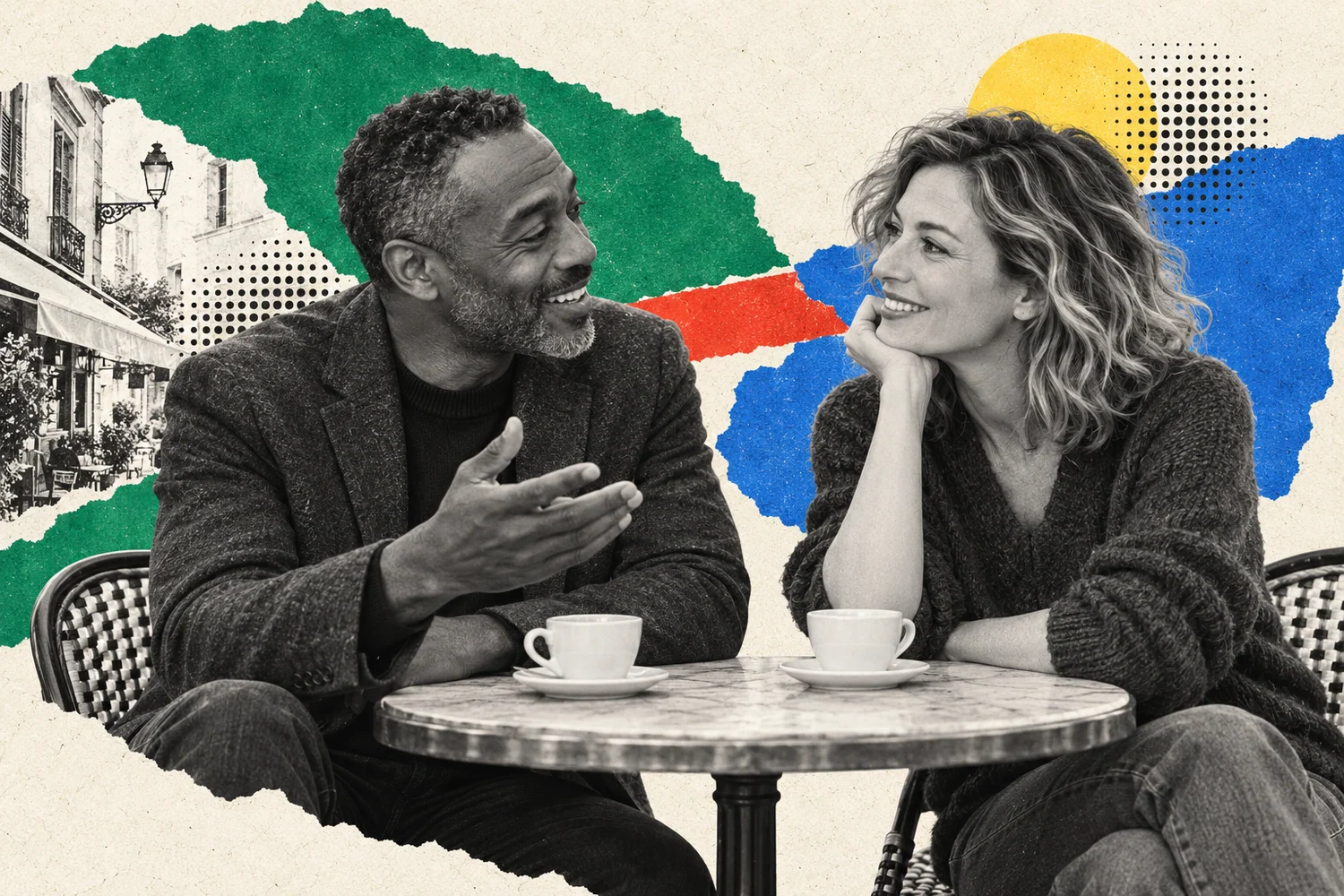 Collage photographique : Un homme et une femme échangent avec le sourire autour d’un café.