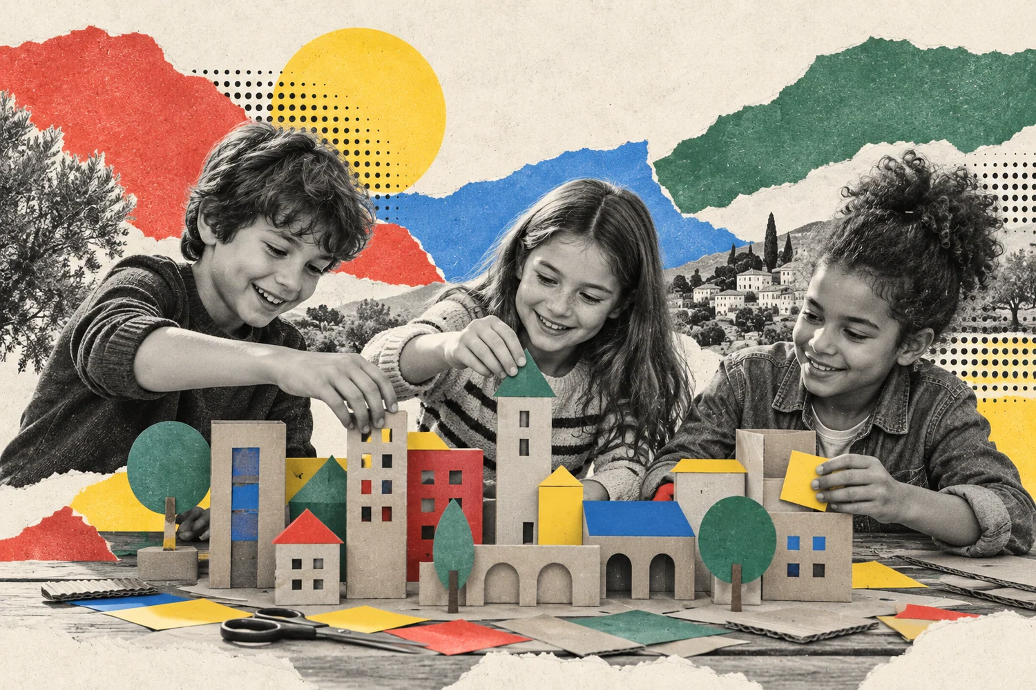 Collage photographique : Trois enfants inventent une ville en carton autour d’une table.
