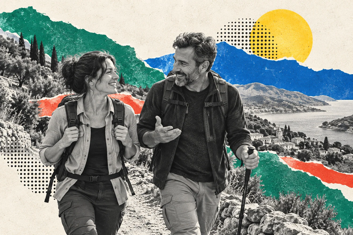 Collage photographique : Deux adultes avancent ensemble sur un chemin de randonnée.