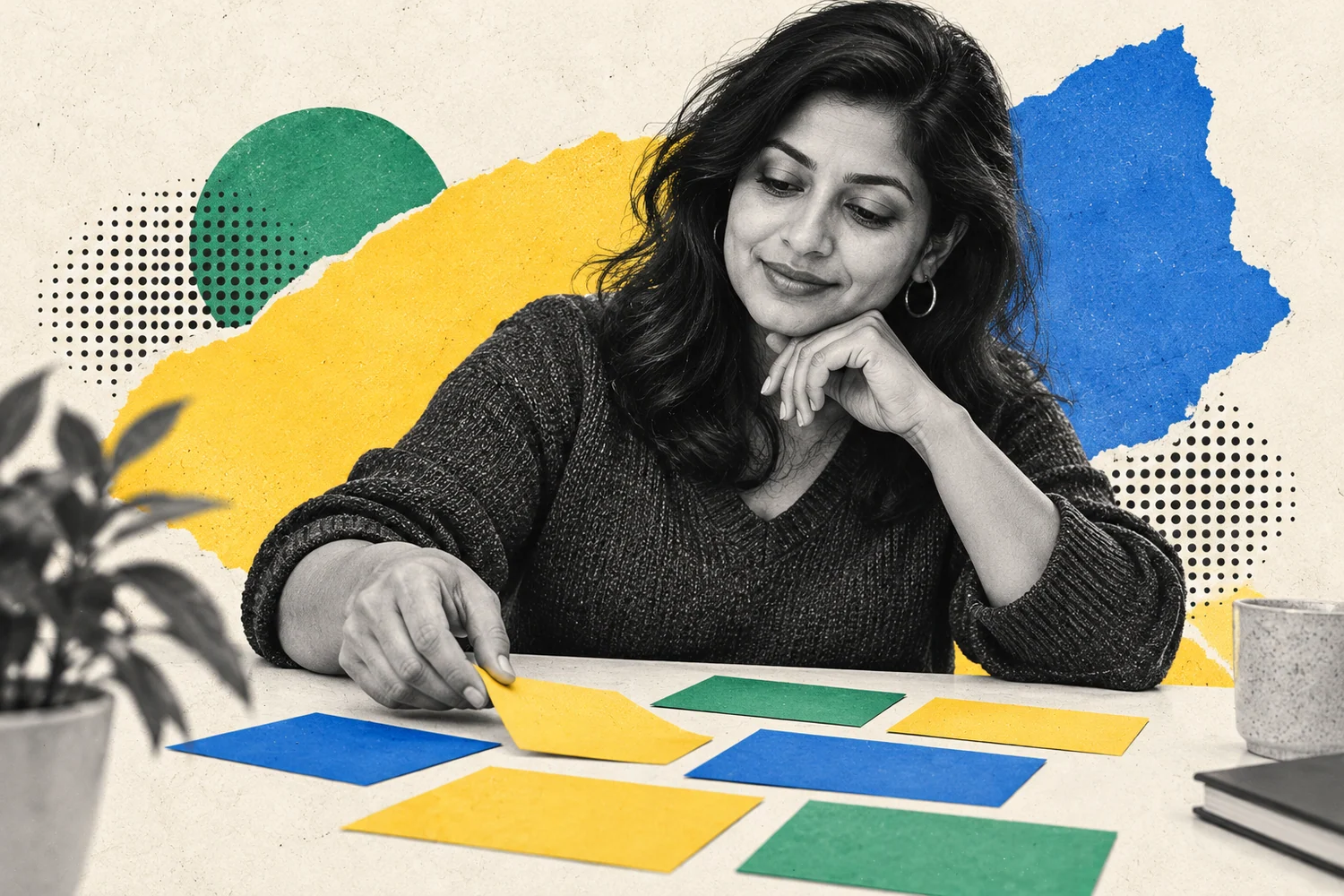 Collage photographique : Une femme organise des cartes pour préparer son projet.