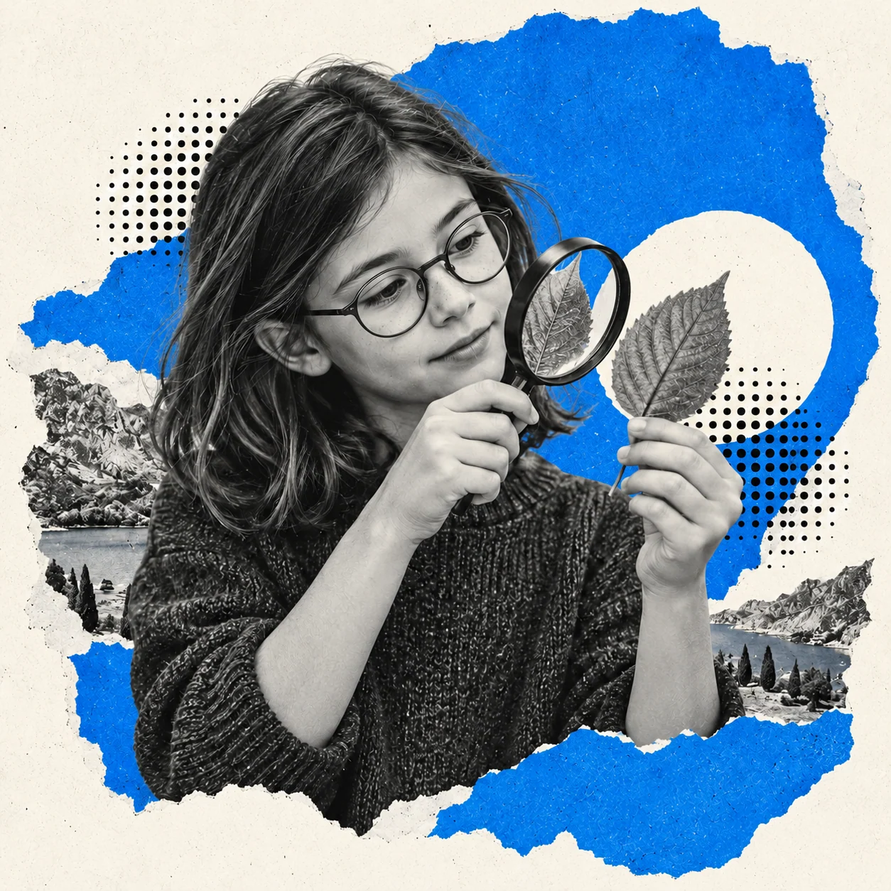 Collage photographique : Une enfant observe une feuille avec une loupe.