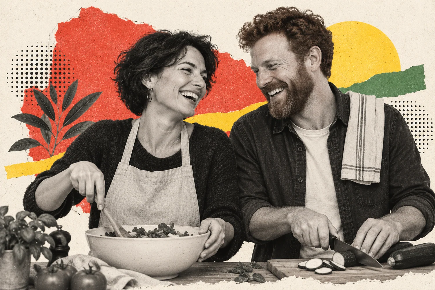 Collage photographique : Un couple partage un éclat de rire en préparant un repas.