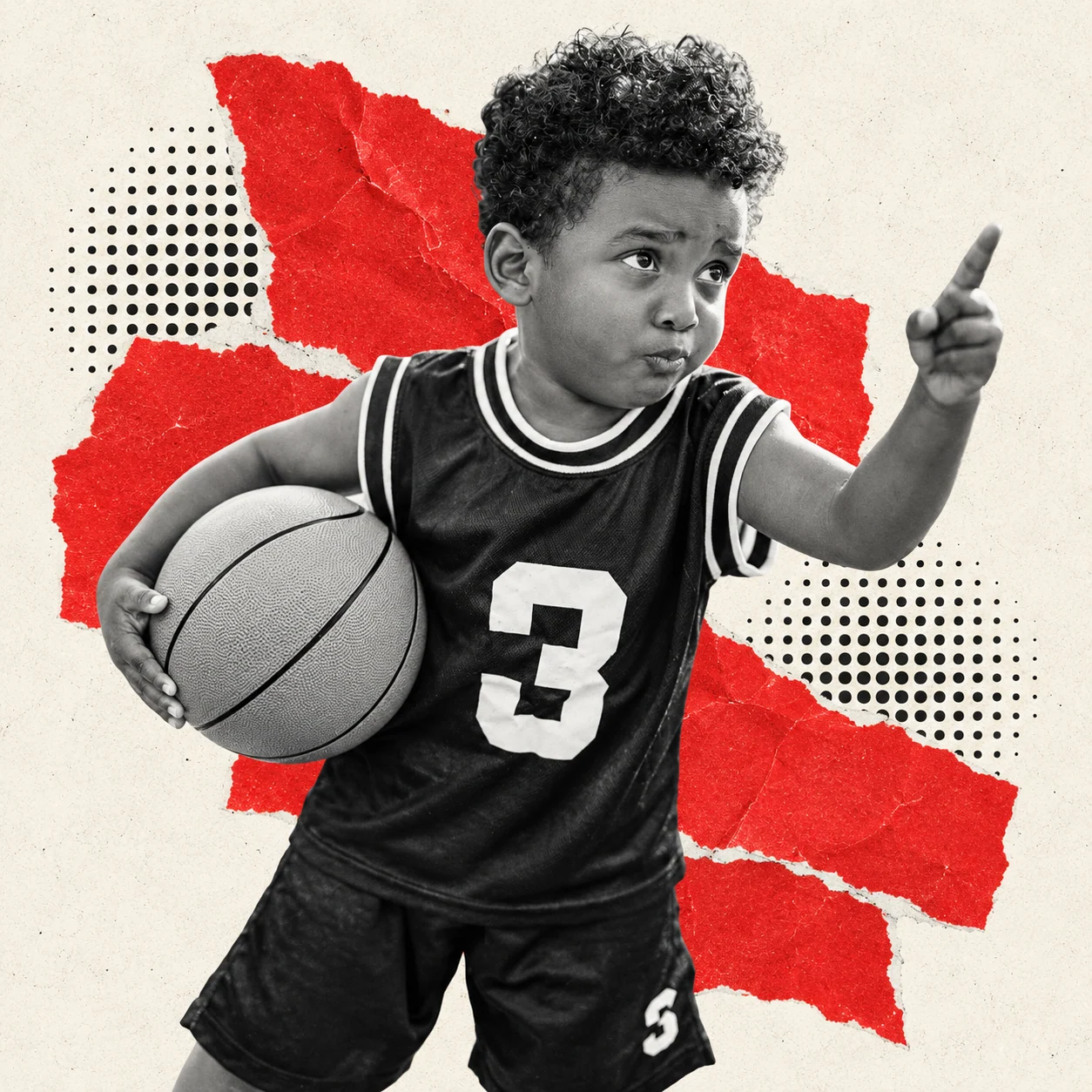 Collage photographique : Un petit garçon tient son ballon de basket et indique une direction.