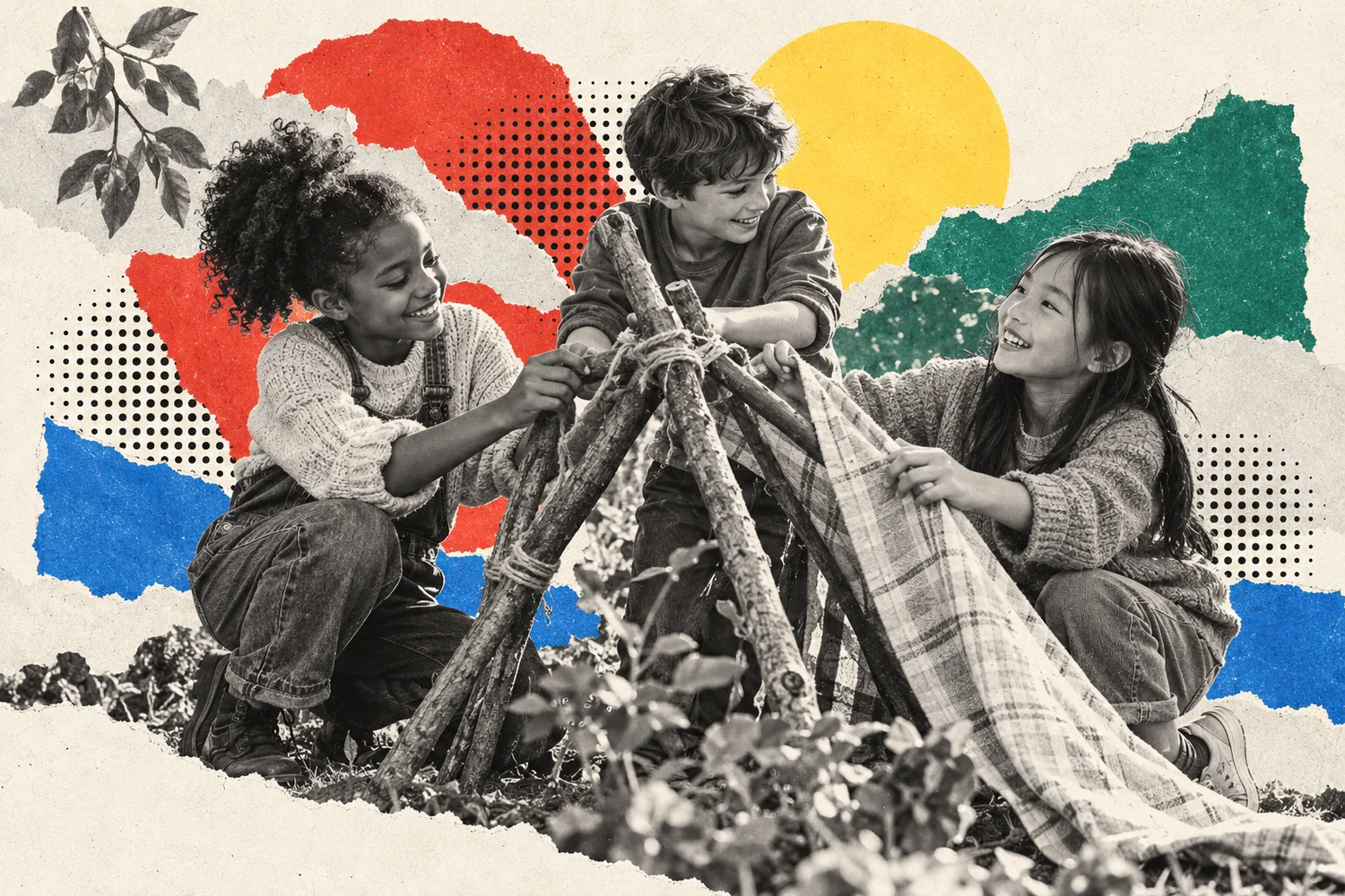 Collage photographique : Trois enfants construisent ensemble une cabane dans un jardin.